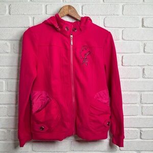Echo Red Zip-Up Hoodie Jacket • Fuchsia Pink Sweater • Embroidered Detail • Y2K